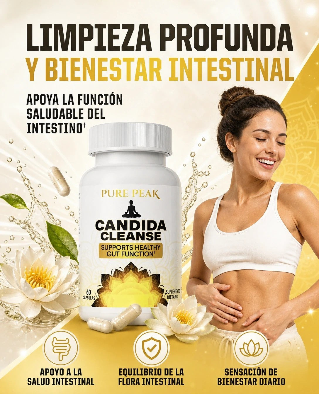 Mujer sin hinchazón abdominal junto al frasco de Candida Cleanse para el bienestar intestinal