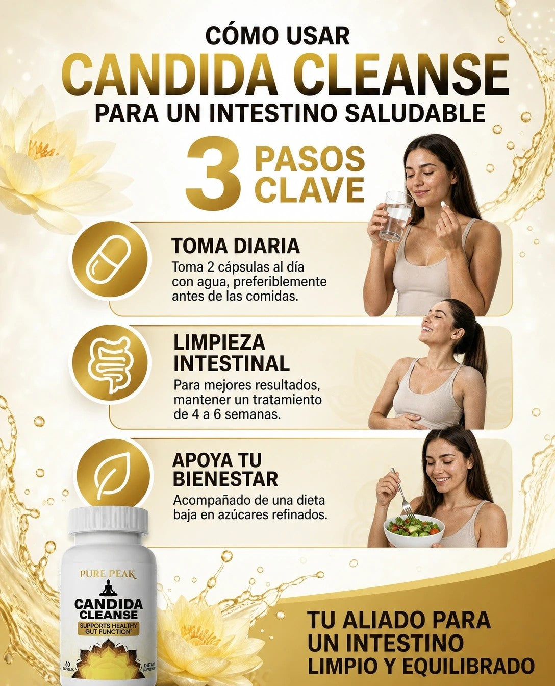 Cómo tomar Candida Cleanse en 3 pasos: dos cápsulas al día con agua