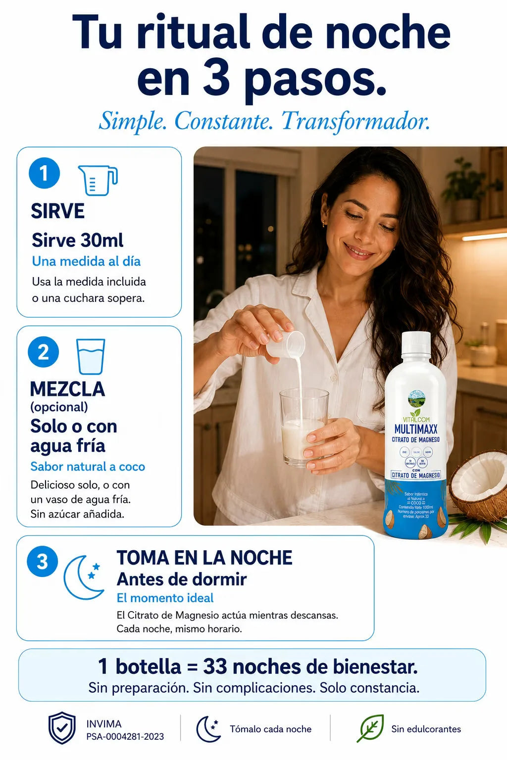 Ritual de noche MULTIMAXX COCO — 30 ml con agua fría antes de dormir